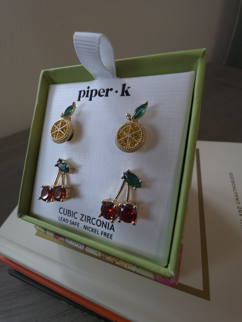 Piper Gold Citrus & Red Cherry Stud Earring Duo with Green Accents - Picture 2 of 3